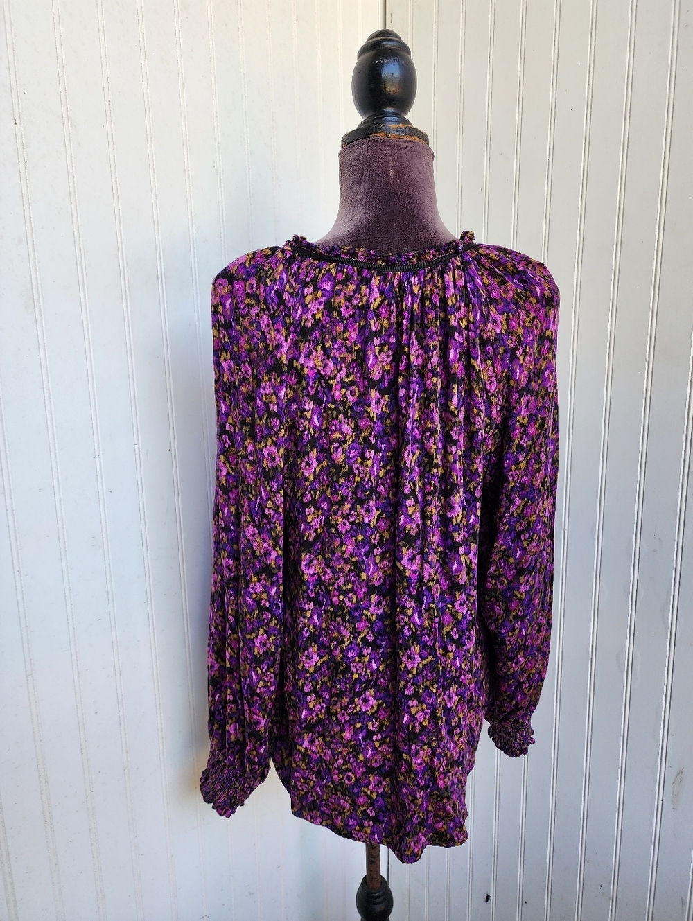 Democracy Womens Ruffle Edge V-Neck Floral Print Woven Long Sleeve Top Purple  L - Picture 7 of 16